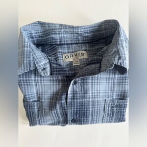 Orvis Shirt Mens Blue Plaid Short Sleeve Button Up Lightweight Large